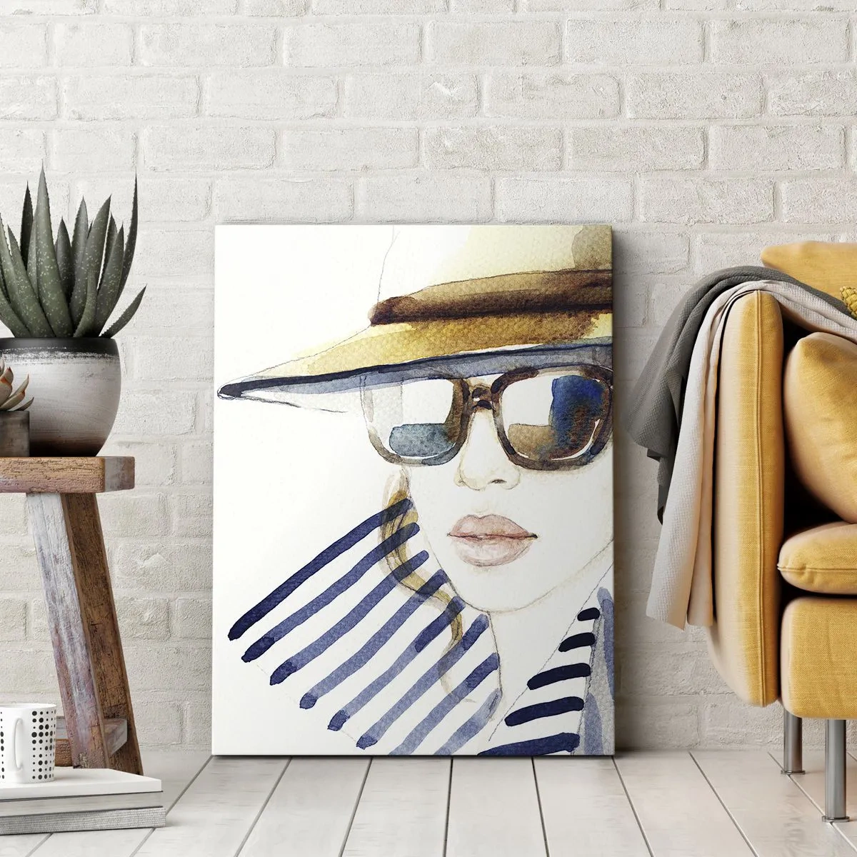 Bild auf Leinwand - Leinwandbild - Porträt einer Frau mit Hut und Sonnenbrille - 50x70cm - Florida heißt Sie willkommen! - Moderne Wanddekoration für Wohnzimmer und Schlafzimmer ARTTOR