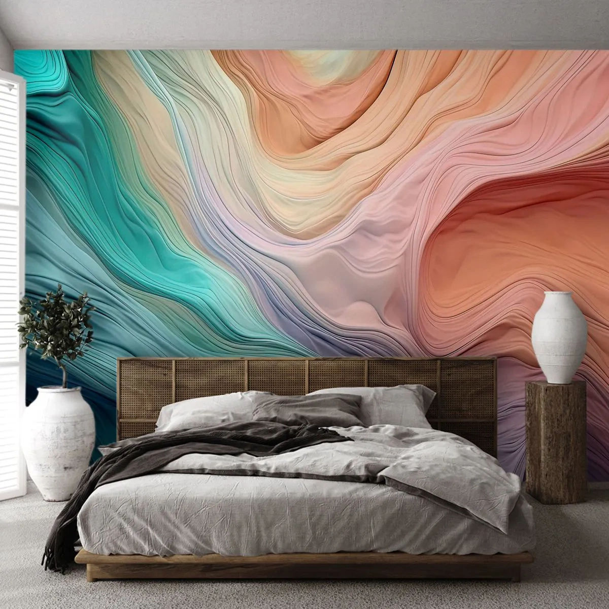 Fototapete Premium Sand - Eine farbenfrohe abstrakte Welle mit weichen, fließenden Linien. - 100x70cm - Regenbogenwelle - Moderne Wanddekoration für Wohnzimmer und Schlafzimmer ARTTOR