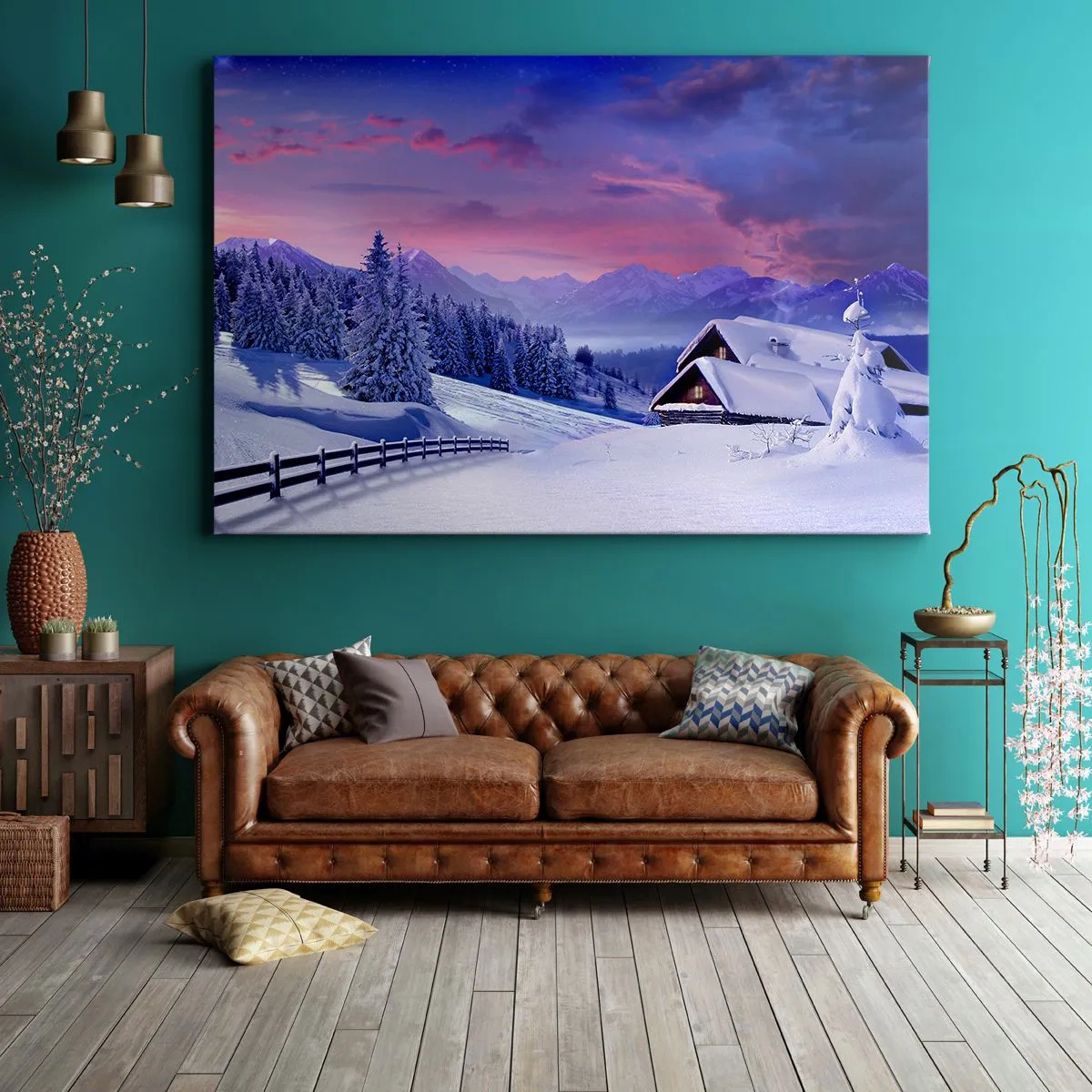 Bild auf Leinwand - Leinwandbild - Winterlandschaft mit Berghütten bei Sonnenuntergang - 70x50cm - Stille Nacht - Moderne Wanddekoration für Wohnzimmer und Schlafzimmer ARTTOR