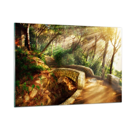 Glasbild - Bild auf glas - Sonnenstrahlen erhellen die Waldbrücke und den Waldweg - 120x80cm - Direkt von der Brücke in den Märchenwald - Moderne Wanddekoration für Wohnzimmer und Schlafzimmer ARTTOR