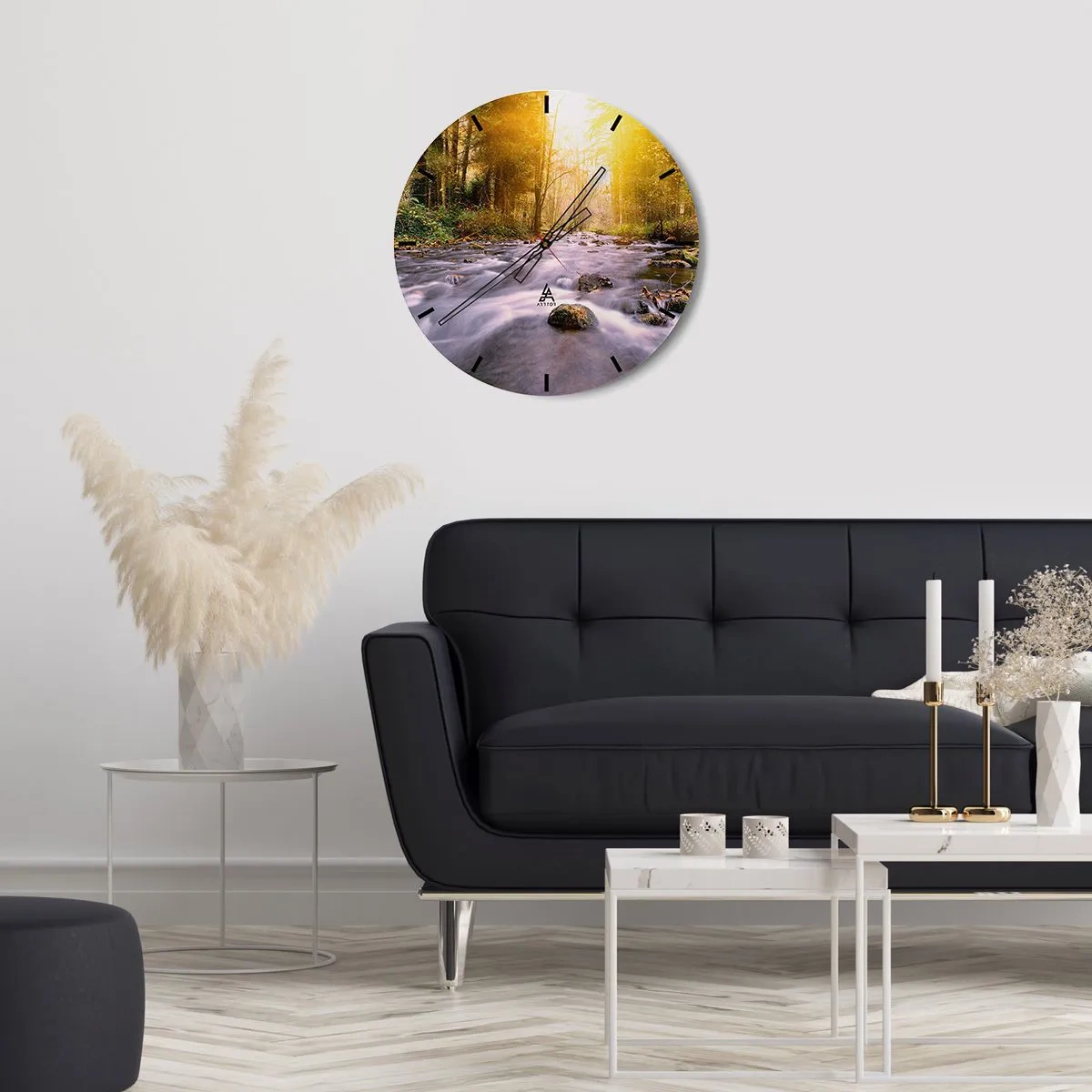 Wanduhr - Glasuhr - Ein Bach im Wald, beleuchtet vom goldenen Morgenlicht - 30x30cm - Malachit im Silber- und Goldrahmen - Moderne Wanddekoration für Wohnzimmer, Küche und Schlafzimmer ARTTOR