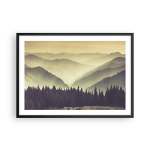 Poster in einem schwarzem Rahmen - Malerische Bergketten im Nebel in warmem Licht - 70x50cm - Hinter den sieben Bergen ... - Moderne Wanddekoration für Wohnzimmer und Schlafzimmer ARTTOR