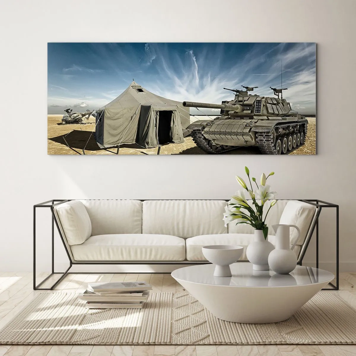 Glasbild - Bild auf glas - Ein Panzer neben einem Militärzelt in einer Wüstengegend - 120x50cm - Ein militärischer Traum - Moderne Wanddekoration für Wohnzimmer und Schlafzimmer ARTTOR