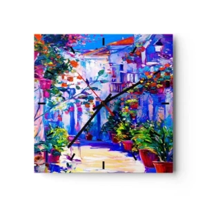 Wanduhr - Glasuhr - Eine bunte Straße voller Blumen - 30x30cm - Impresja - eine italienische Straße - Moderne Wanddekoration für Wohnzimmer und Schlafzimmer ARTTOR
