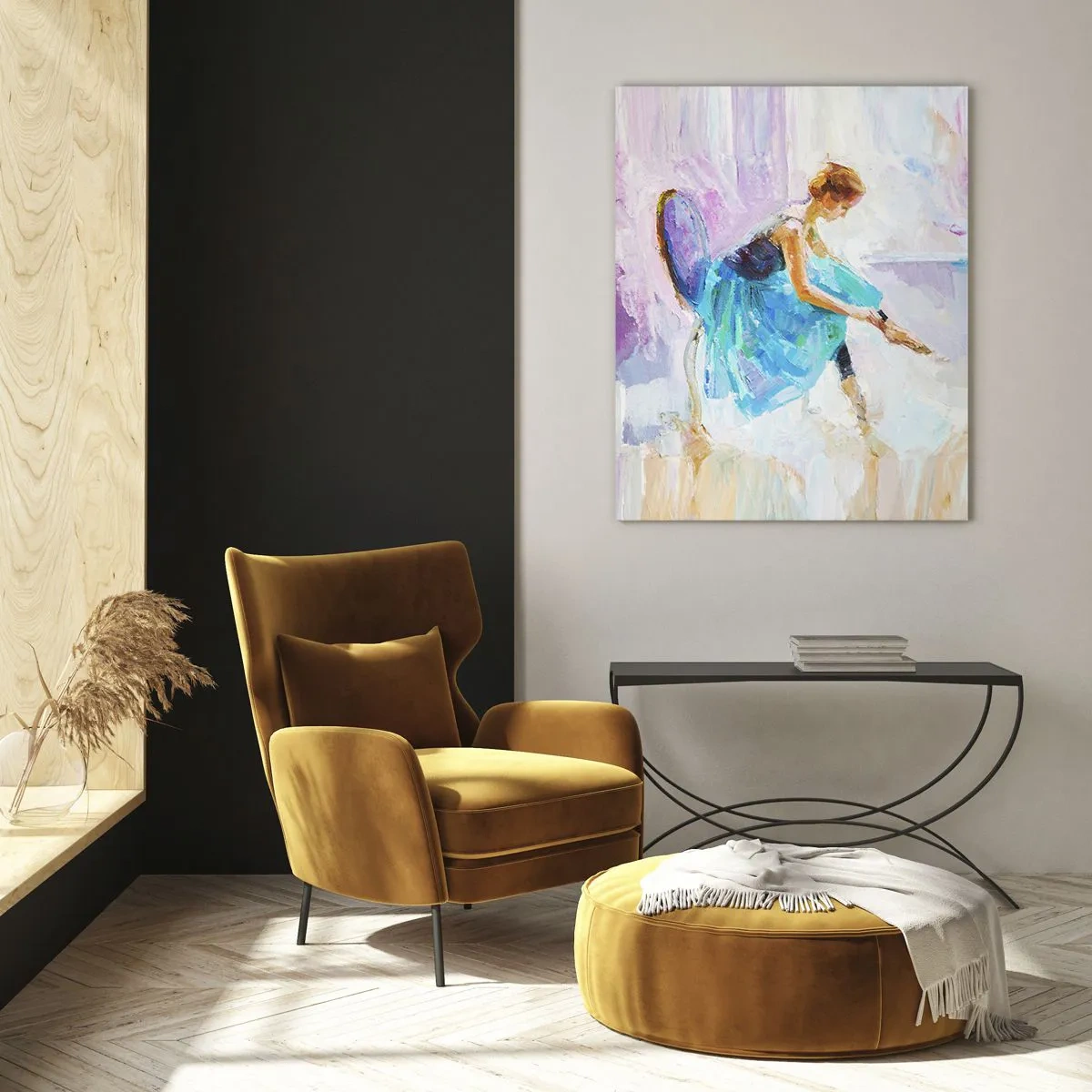 Glasbild - Bild auf glas - Eine Ballerina in Pastelltönen bereitet sich auf den Tanz vor. - 80x120cm - Unbeschreibliche Anmut, subtiler Charme - Moderne Wanddekoration für Wohnzimmer und Schlafzimmer ARTTOR
