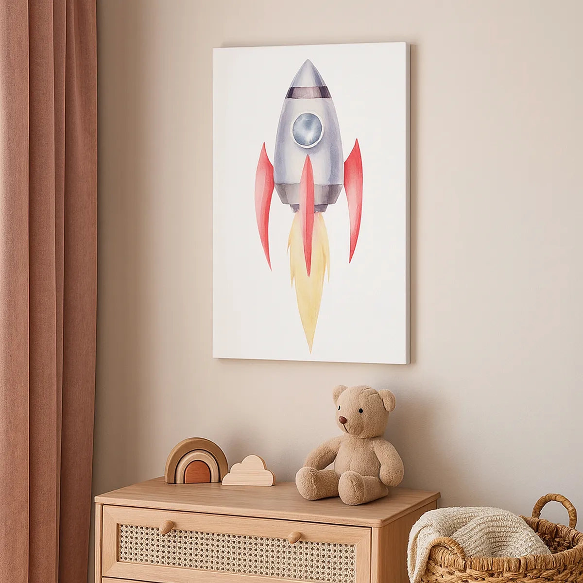 Bild auf Leinwand - Leinwandbild - Rakete im Aquarellstil auf weißem Hintergrund - 50x70cm - Höher, schneller, weiter - Moderne Wanddekoration für Wohnzimmer und Schlafzimmer ARTTOR