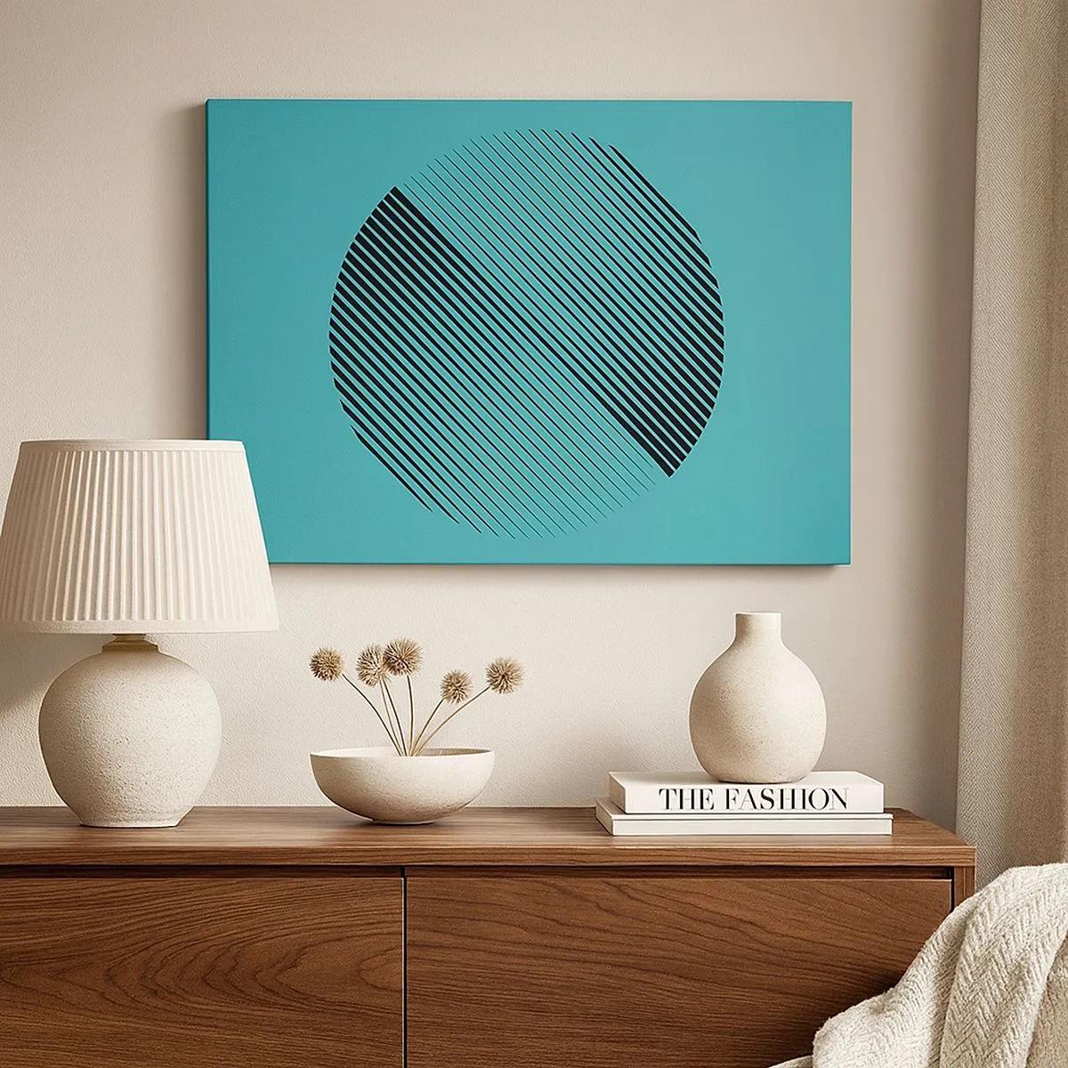 Bild auf Leinwand - Leinwandbild - Ein minimalistischer Kreis mit Linien auf türkisfarbenem Hintergrund. - 70x50cm - Kreis – eine geometrische Variante - Moderne Wanddekoration für Wohnzimmer und Schlafzimmer ARTTOR