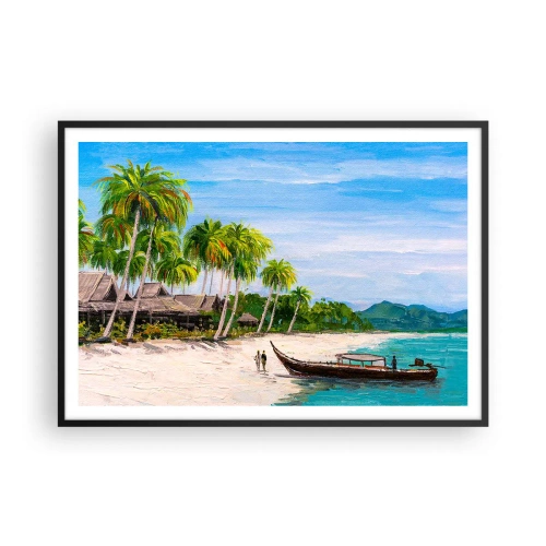 Poster in einem schwarzem Rahmen - Ein exotischer Strand mit Palmen und einem Boot am Ufer - 100x70cm - Exotischer Traum - Moderne Wanddekoration für Wohnzimmer und Schlafzimmer ARTTOR