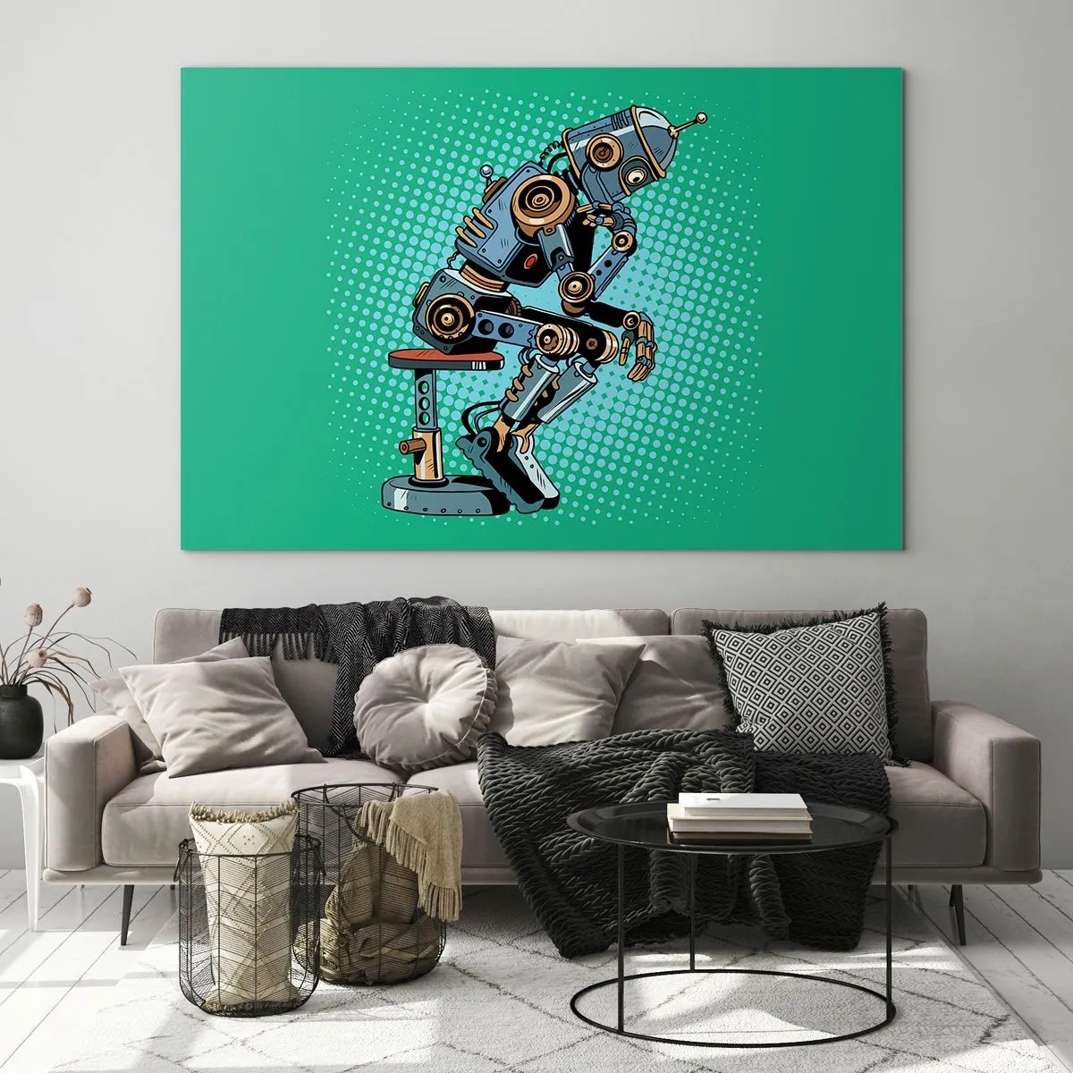 Glasbild - Bild auf glas - Ein Roboterdenker vor einem grünen Pop-Art-Musterhintergrund. - 70x50cm - Über der Essenz des Seins - Moderne Wanddekoration für Wohnzimmer und Schlafzimmer ARTTOR