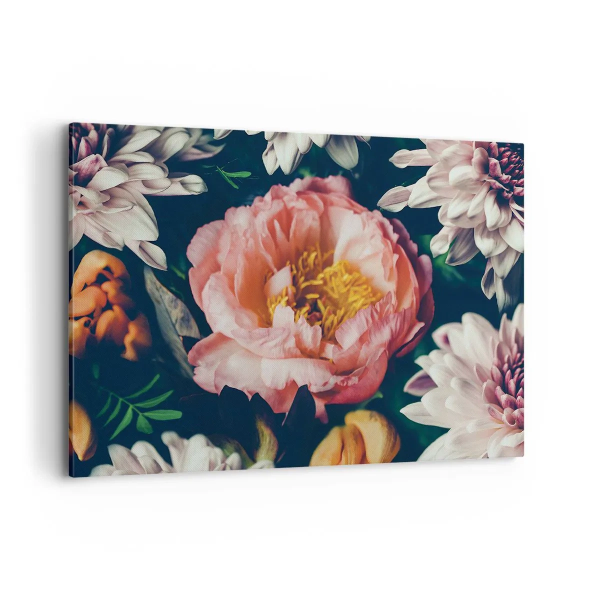 Bild auf Leinwand - Leinwandbild - Blumenarrangement mit Pfingstrosen und Chrysanthemen auf dunklem Hintergrund - 100x70cm - Mit barocker Pracht - Moderne Wanddekoration für Wohnzimmer und Schlafzimmer ARTTOR