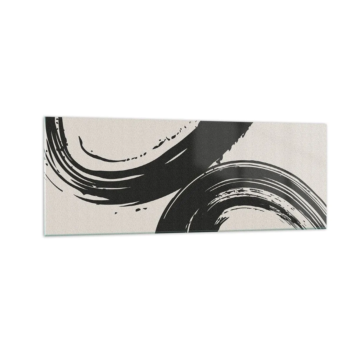 Glasbild - Bild auf glas - Dynamische Pinselstriche in Schwarz auf hellem Hintergrund - 140x50cm - Ausladend und kreisförmig - Moderne Wanddekoration für Wohnzimmer und Schlafzimmer ARTTOR