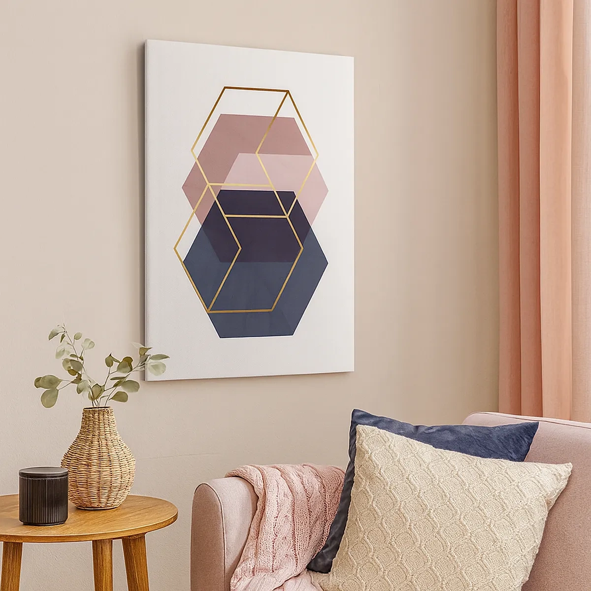 Bild auf Leinwand - Leinwandbild - Geometrische Formen in goldenen Linien auf pastellfarbenem Hintergrund - 50x70cm - Die Kraft der Einfachheit - Moderne Wanddekoration für Wohnzimmer und Schlafzimmer ARTTOR