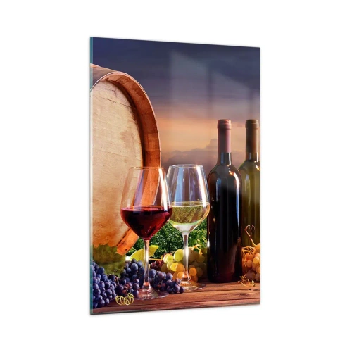 Glasbild - Bild auf glas - Wein, Gläser und ein Fass in einer malerischen Landschaft - 80x120cm - Hier schmeckt das Leben - Moderne Wanddekoration für Wohnzimmer und Schlafzimmer ARTTOR