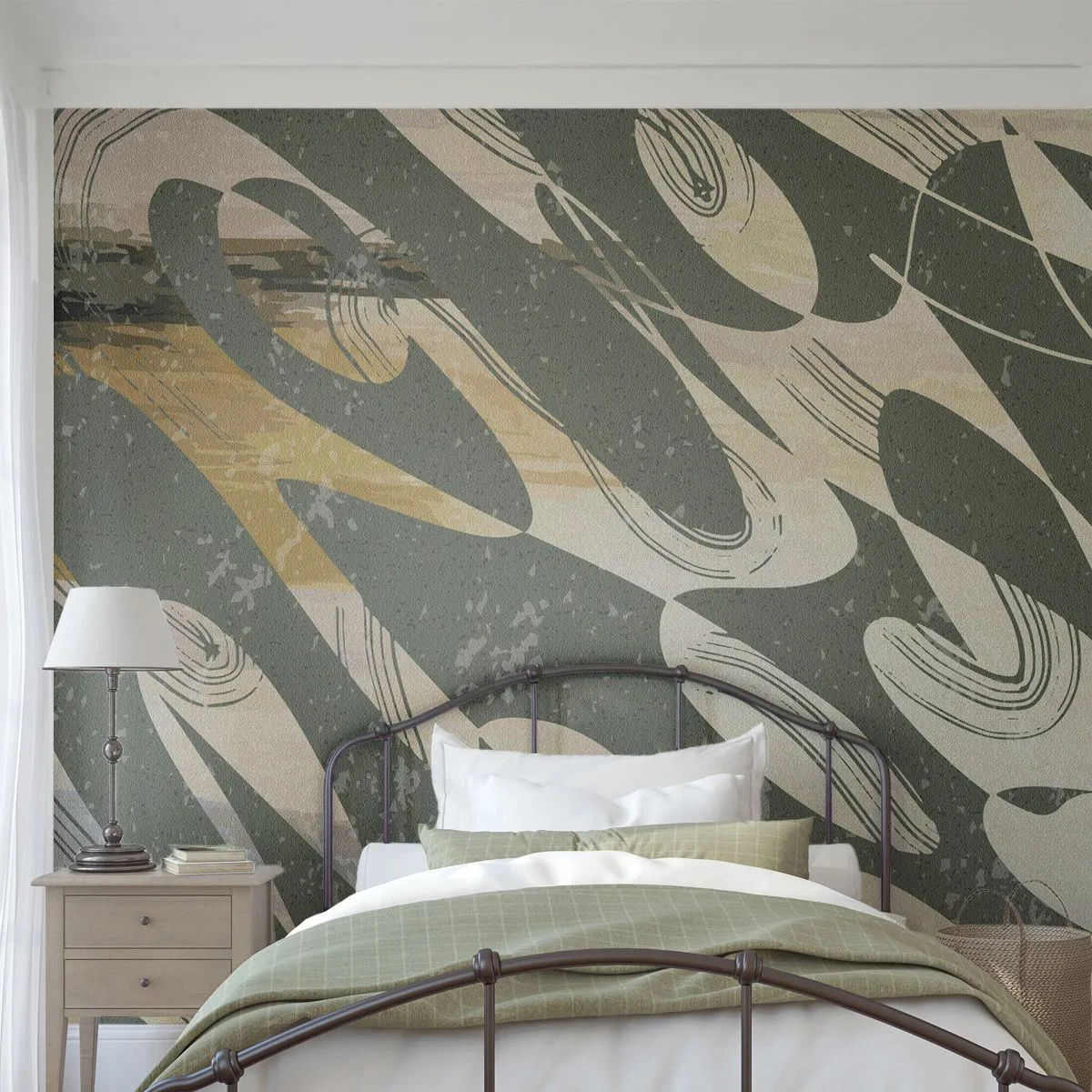 Fototapete Standard Eco - Eine grün-beige Komposition mit dynamischen abstrakten Formen - 100x70cm - Rhythmische Abstraktion - Moderne Wanddekoration für Wohnzimmer und Schlafzimmer ARTTOR