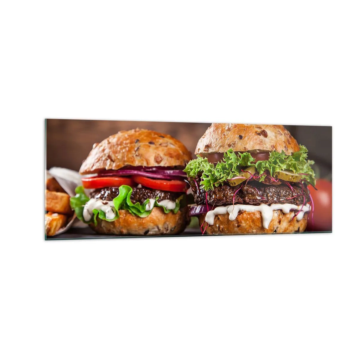 Glasbild - Bild auf glas - Appetitliche Burger mit Gemüse und Sauce - 140x50cm - Amerikanischer Traum - Moderne Wanddekoration für Wohnzimmer und Schlafzimmer ARTTOR