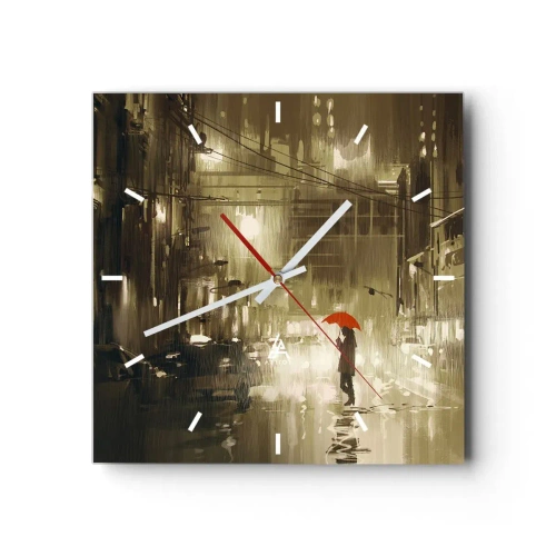 Wanduhr - Glasuhr - Eine Figur mit einem roten Regenschirm in einer verregneten Stadt - 30x30cm - Allein aber nicht einsam - Moderne Wanddekoration für Wohnzimmer und Schlafzimmer ARTTOR
