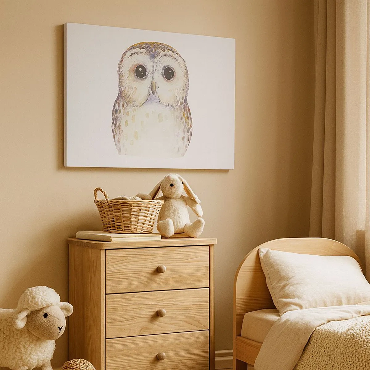 Bild auf Leinwand - Leinwandbild - Porträt einer Eule auf hellem Hintergrund mit zarten Farben - 70x50cm - Schau mir in die Augen - Moderne Wanddekoration für Wohnzimmer und Schlafzimmer ARTTOR