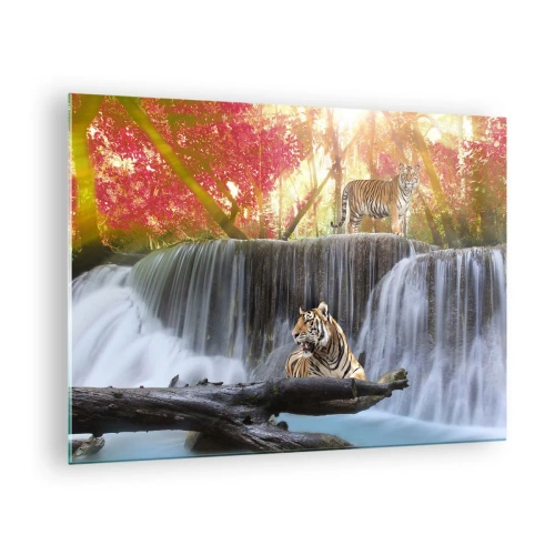 Glasbild - Bild auf glas - Tiger vor einem Wasserfall und Herbstlandschaft - 70x50cm - Surreale Landschaft - Moderne Wanddekoration für Wohnzimmer und Schlafzimmer ARTTOR