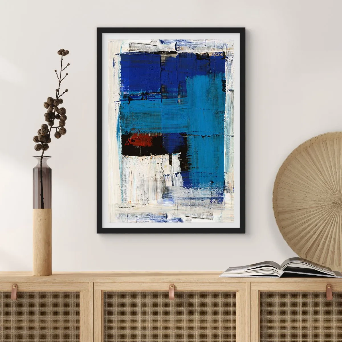 Poster in einem schwarzem Rahmen - Abstrakte Komposition in Blau- und Weißtönen - 50x70cm - Geheimnis ist blau - Moderne Wanddekoration für Wohnzimmer und Schlafzimmer ARTTOR