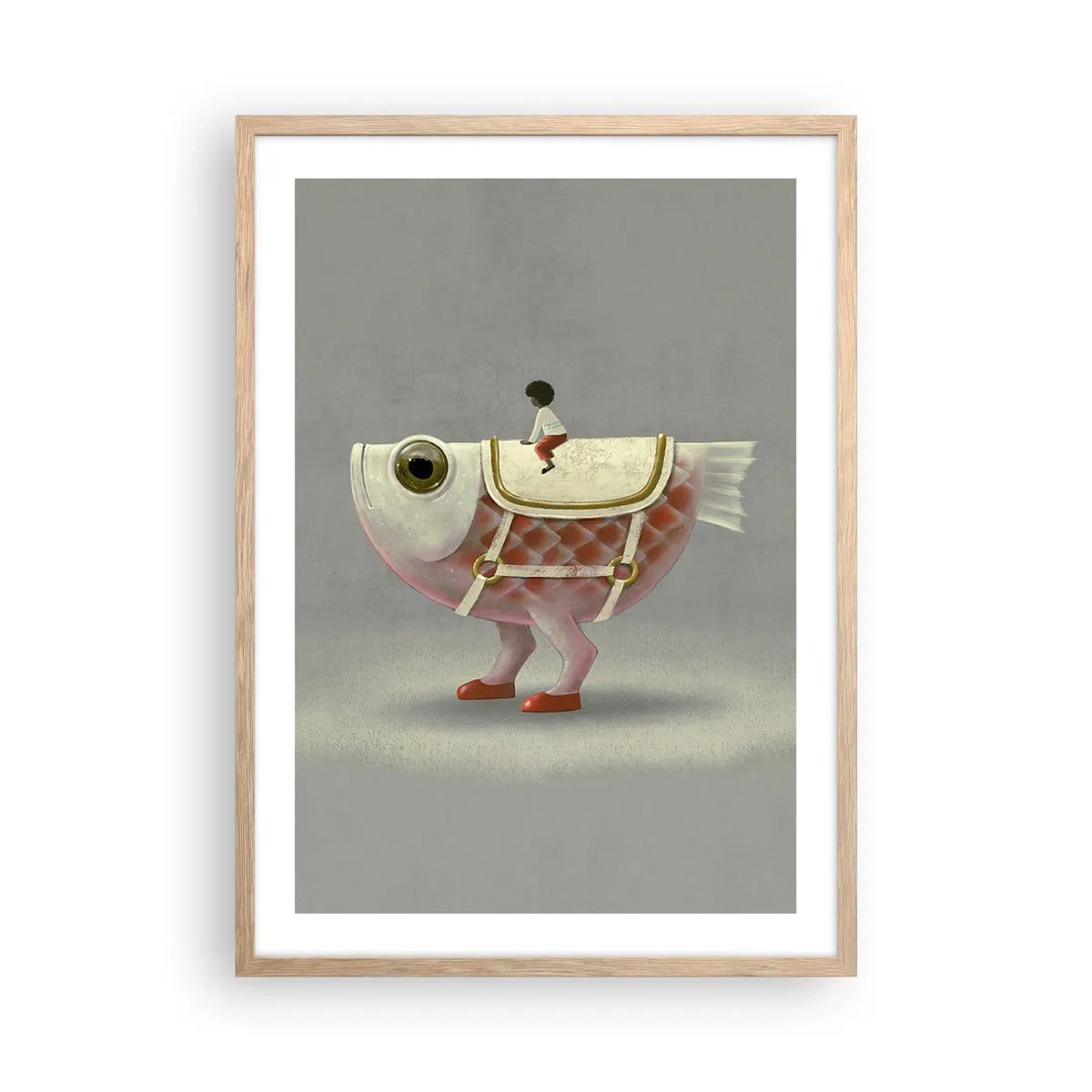 Poster in einem Rahmen aus heller Eiche - Reiter auf einem surrealen Fisch - 50x70 cm