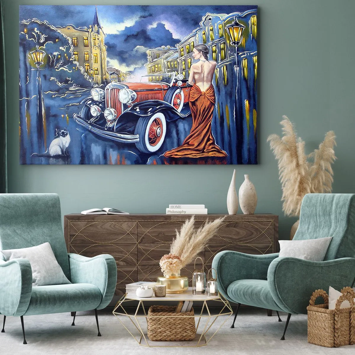 Bild auf Leinwand - Leinwandbild - Eine Frau in einem eleganten Kleid neben einem Retro-Auto in der Nacht - 120x80cm - Nocturne in Blau und Koralle - Moderne Wanddekoration für Wohnzimmer und Schlafzimmer ARTTOR