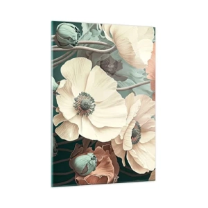 Glasbild - Bild auf glas - Zarte Creme und Lachs Mohn auf dunklem Hintergrund - 50x70cm - Flüstern von Mohnblumen - Moderne Wanddekoration für Wohnzimmer und Schlafzimmer ARTTOR