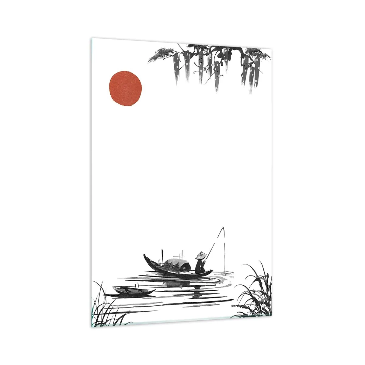 Glasbild - Bild auf glas - Traditionelles Fischerboot auf einem Fluss mit einer roten Sonne - 50x70cm - Asiatischer Nachmittag - Moderne Wanddekoration für Wohnzimmer und Schlafzimmer ARTTOR