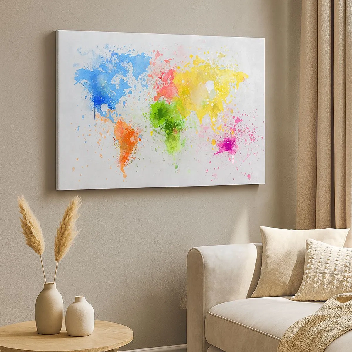 Bild auf Leinwand - Leinwandbild - Eine Weltkarte in farbenfroher Aquarell-Interpretation - 70x50cm - Alle Farben der Welt - Moderne Wanddekoration für Wohnzimmer und Schlafzimmer ARTTOR