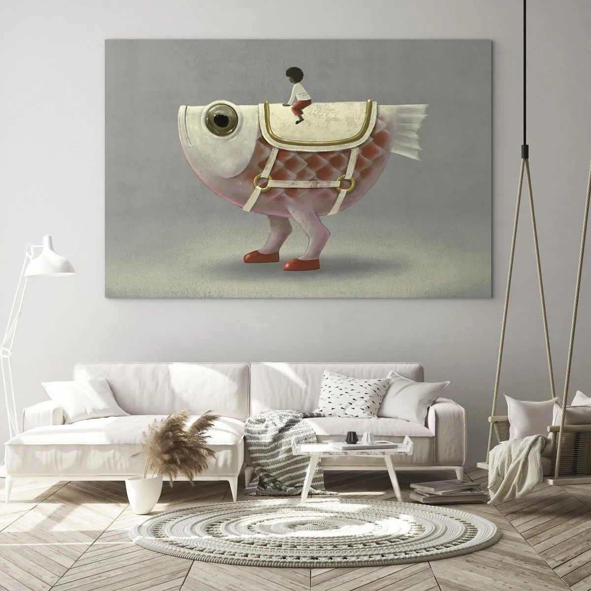Glasbild - Bild auf glas - Eine Figur, die auf einem rosa Fisch mit Beinen und Sattel reitet - 100x70cm - Reiter auf einem surrealen Fisch - Moderne Wanddekoration für Wohnzimmer und Schlafzimmer ARTTOR