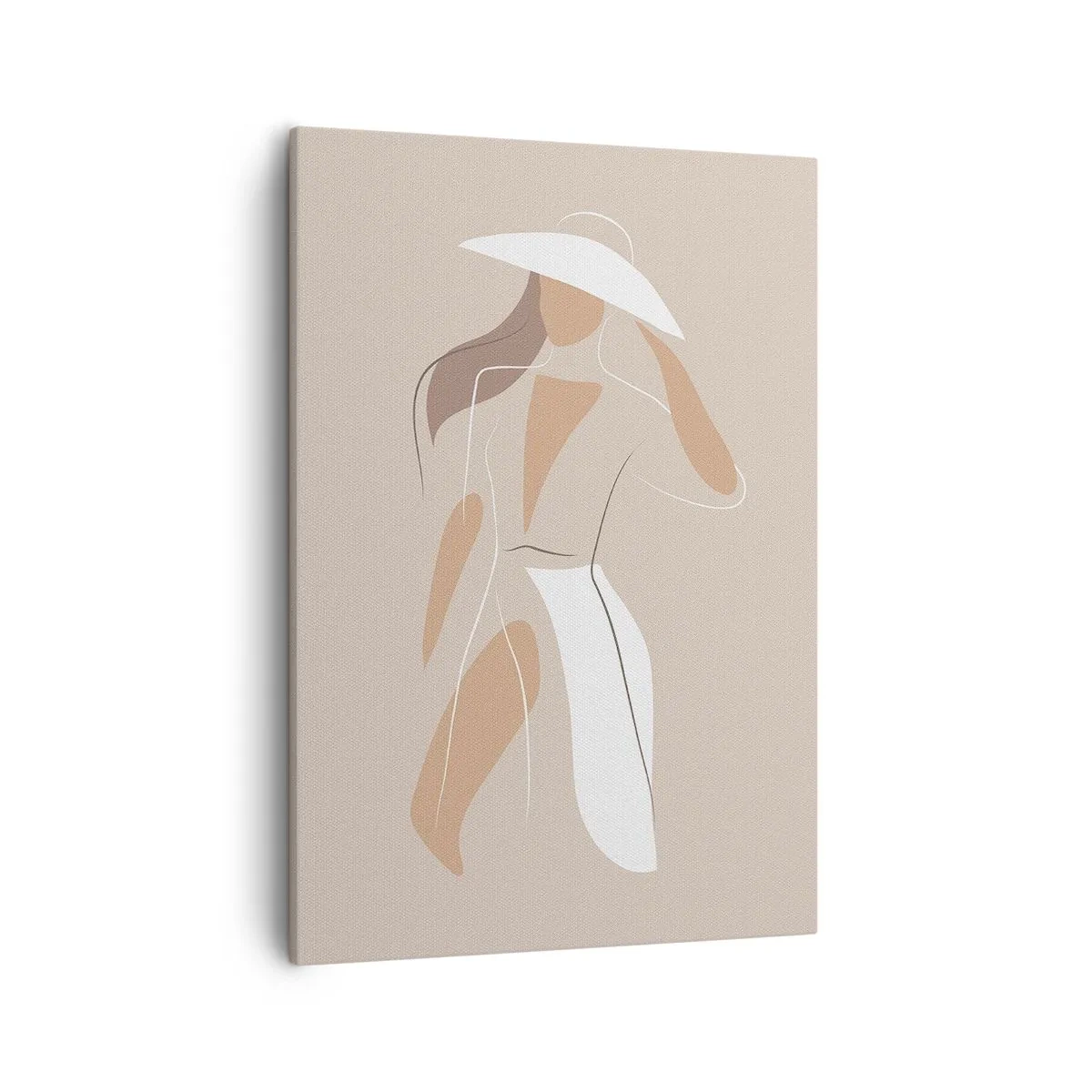 Bild auf Leinwand - Leinwandbild - Eine minimalistische Zeichnung einer Frau mit Hut auf beigem Hintergrund. - 50x70cm - Mode macht Spaß - Moderne Wanddekoration für Wohnzimmer und Schlafzimmer ARTTOR