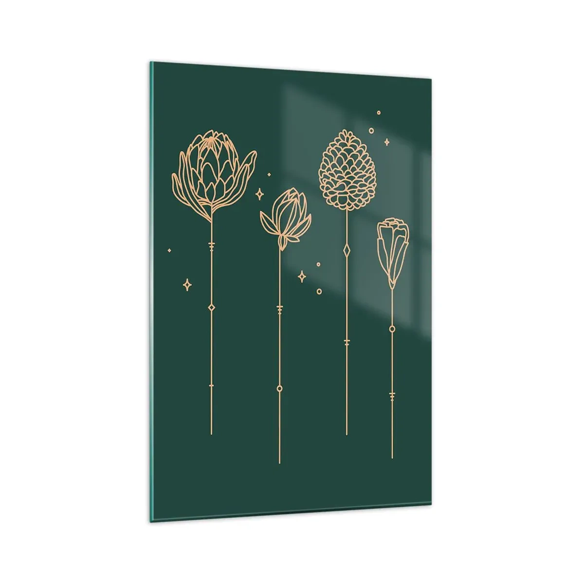 Glasbild - Bild auf glas - Goldene Zeichnungen von Kräutern auf dunkelgrünem Hintergrund - 80x120cm - Familie ZIÓŁkowski - Moderne Wanddekoration für Wohnzimmer und Schlafzimmer ARTTOR