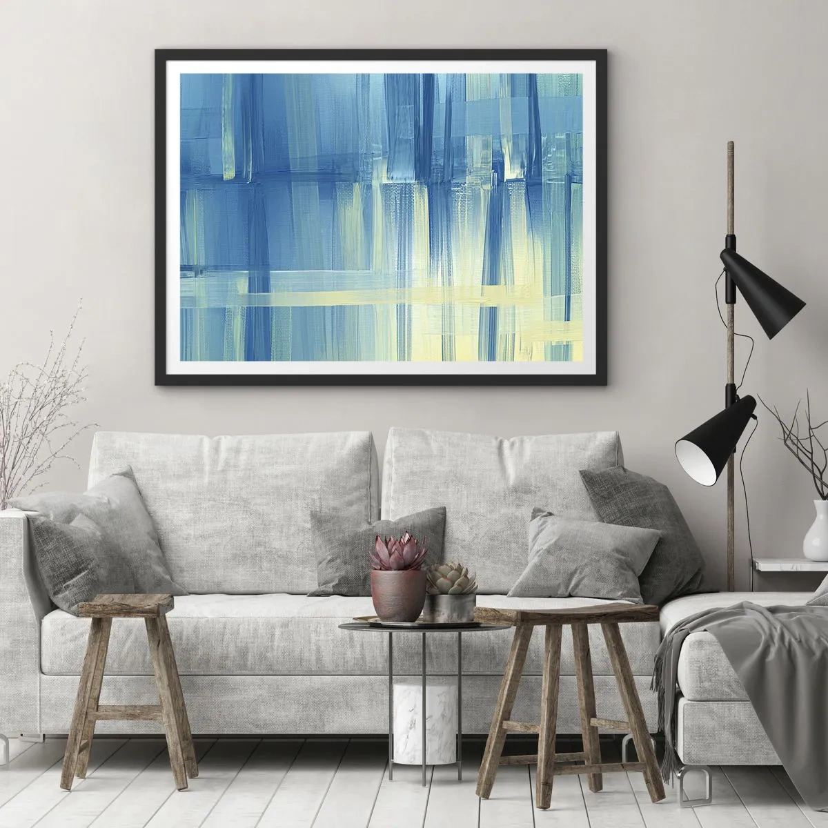 Poster in einem schwarzem Rahmen - Ein abstraktes Gemälde in Türkis- und Blautönen mit geometrischen Pinselstrichen. - 70x50cm - Komposition in Türkis - Moderne Wanddekoration für Wohnzimmer und Schlafzimmer ARTTOR