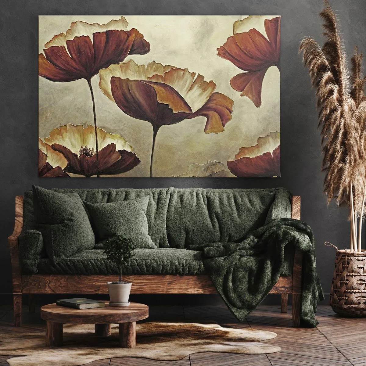 Bild auf Leinwand - Leinwandbild - Dezente Blumen in Rot- und Goldtönen auf hellem Untergrund - 100x70cm - Weideland - Moderne Wanddekoration für Wohnzimmer und Schlafzimmer ARTTOR