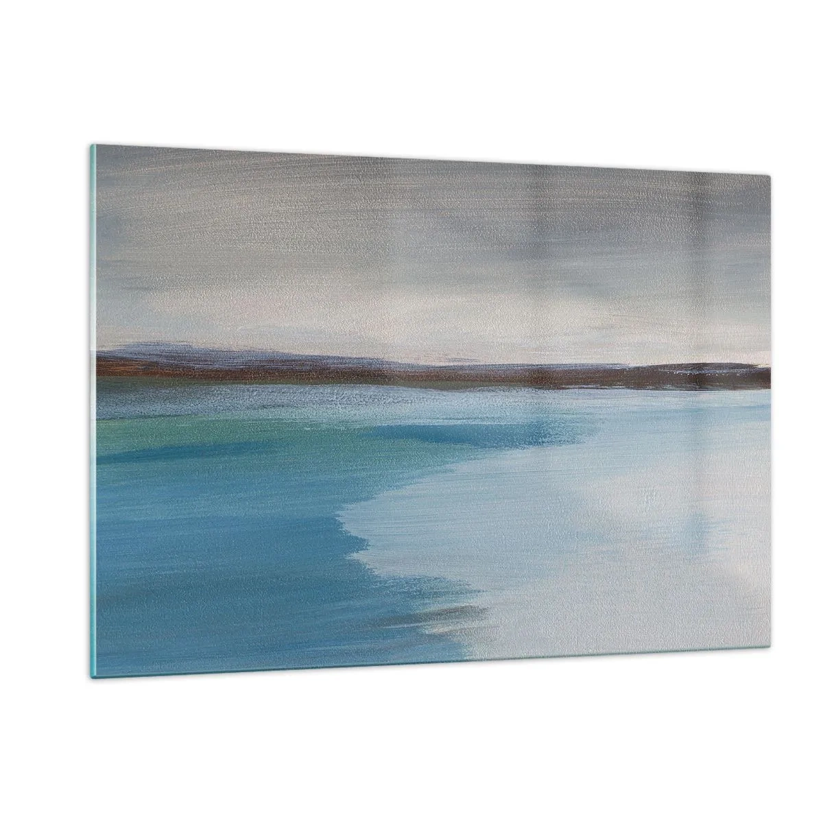 Glasbild - Bild auf glas - Eine ruhige Landschaft mit Wasser und fernen Hügeln in Pastelltönen. - 120x80cm - Horizontale Landschaft - Moderne Wanddekoration für Wohnzimmer und Schlafzimmer ARTTOR
