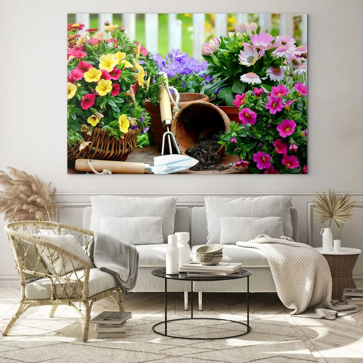 Glasbild - Bild auf glas - Bunte Blumen in Töpfen mit Gartengeräten - 120x80cm - Zosias Garten - Moderne Wanddekoration für Wohnzimmer und Schlafzimmer ARTTOR