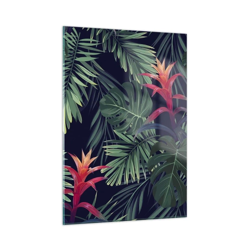 Glasbild - Bild auf glas - Exotische Blätter und Blüten auf dunklem Hintergrund - 50x70cm - Im Grünen in Flammen gehen - Moderne Wanddekoration für Wohnzimmer und Schlafzimmer ARTTOR