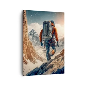 Bild auf Leinwand - Leinwandbild - Ein Bergsteiger auf einem Bergpfad in einer Winterlandschaft - 50x70cm - Einsamer Krieger - Moderne Wanddekoration für Wohnzimmer und Schlafzimmer ARTTOR