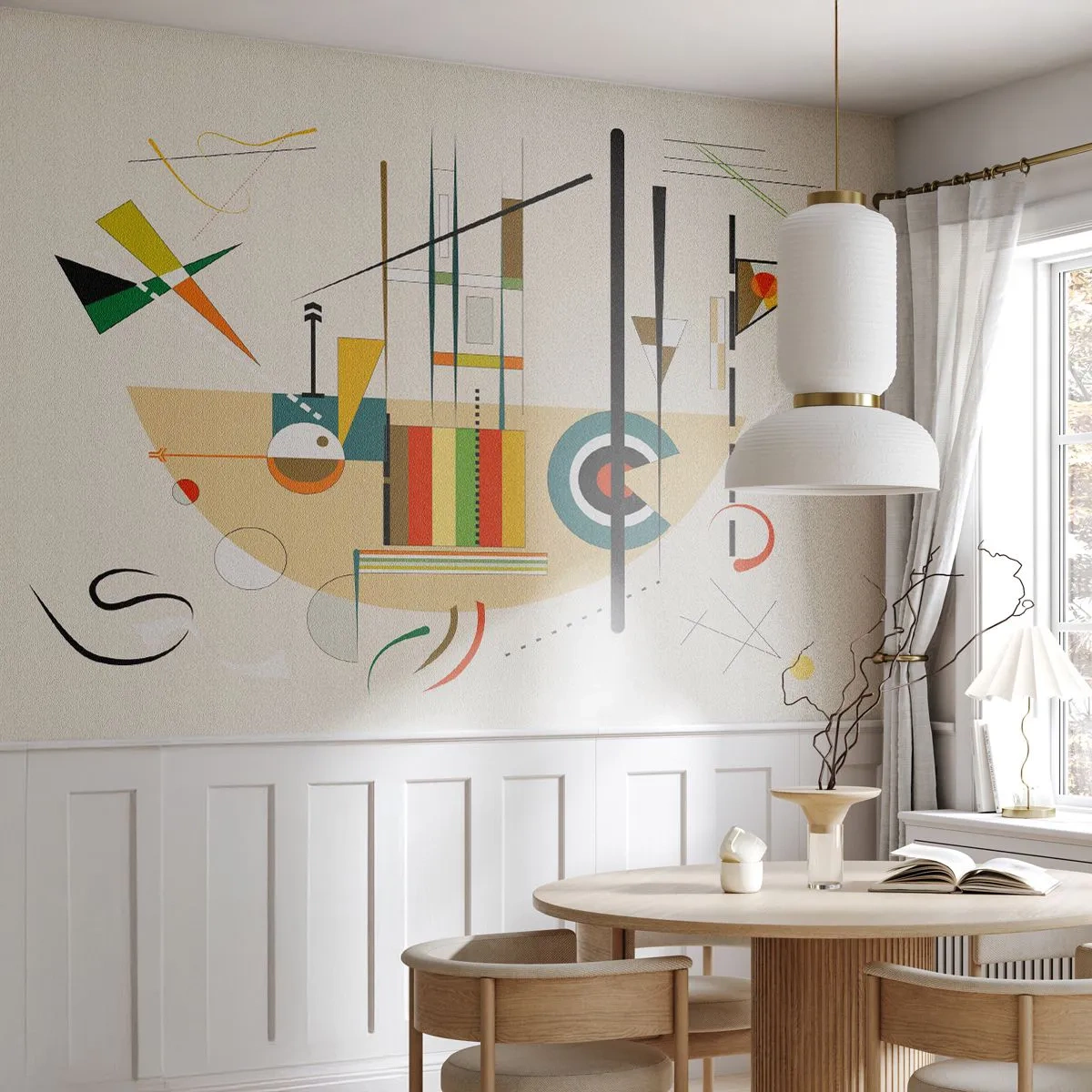 Fototapete Premium Sand - Bunte geometrische Abstraktion auf hellem Hintergrund - 100x70cm - Und die Welt lacht - Moderne Wanddekoration für Wohnzimmer und Schlafzimmer ARTTOR
