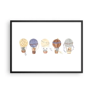 Poster in einem schwarzem Rahmen - Niedliche Tiere in Luftballons auf weißem Hintergrund - 70x50cm - Freunde auf Reise - Moderne Wanddekoration für Wohnzimmer und Schlafzimmer ARTTOR
