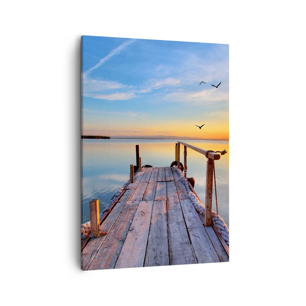 Bild auf Leinwand - Leinwandbild - Holzsteg bei Sonnenuntergang auf einem ruhigen See - 50x70cm - Lauf direkt der Sonne entgegen - Moderne Wanddekoration für Wohnzimmer und Schlafzimmer ARTTOR