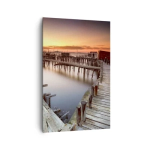 Bild auf Leinwand - Leinwandbild - Holzstege auf ruhigem Wasser bei Sonnenuntergang - 80x120cm - Authentisch, keine Touristenattrappe - Moderne Wanddekoration für Wohnzimmer und Schlafzimmer ARTTOR