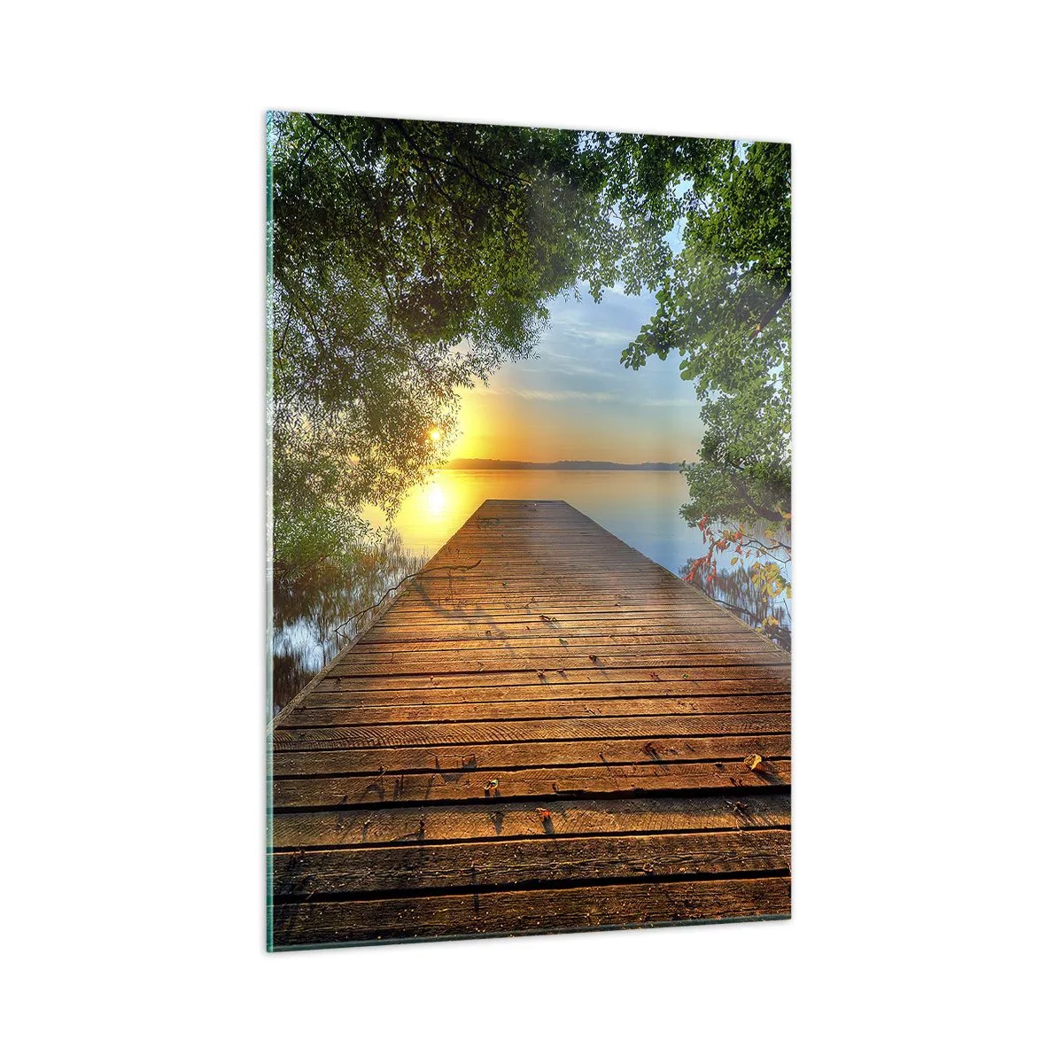 Glasbild - Bild auf glas - Holzsteg über dem See bei Sonnenuntergang - 50x70cm - Nimm dir Zeit, setz dich hin - Moderne Wanddekoration für Wohnzimmer und Schlafzimmer ARTTOR