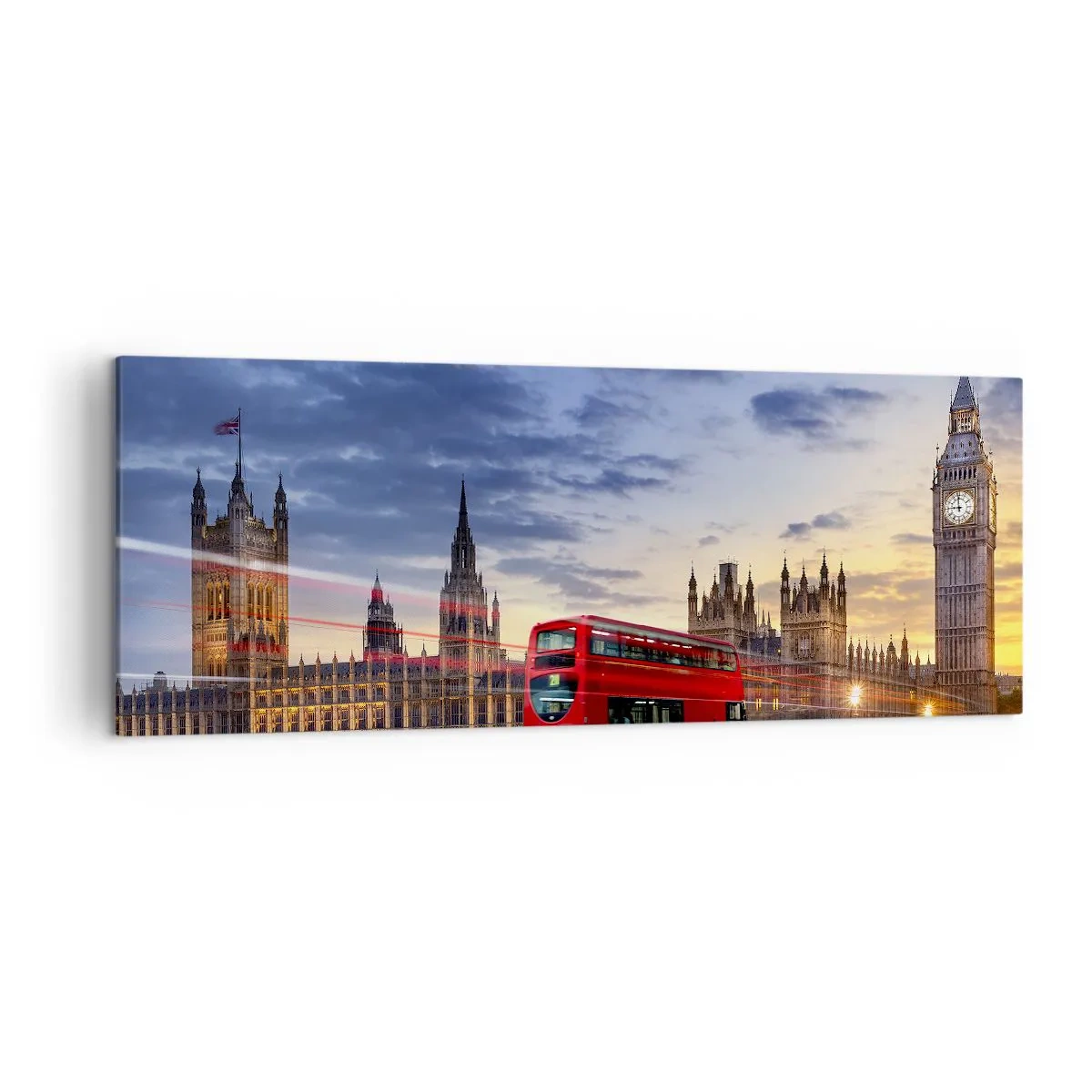 Bild auf Leinwand - Leinwandbild - Ein roter Bus mit Big Ben und den Houses of Parliament im Hintergrund in der Abenddämmerung. - 140x50cm - Spezielle Charaktere - Moderne Wanddekoration für Wohnzimmer und Schlafzimmer ARTTOR