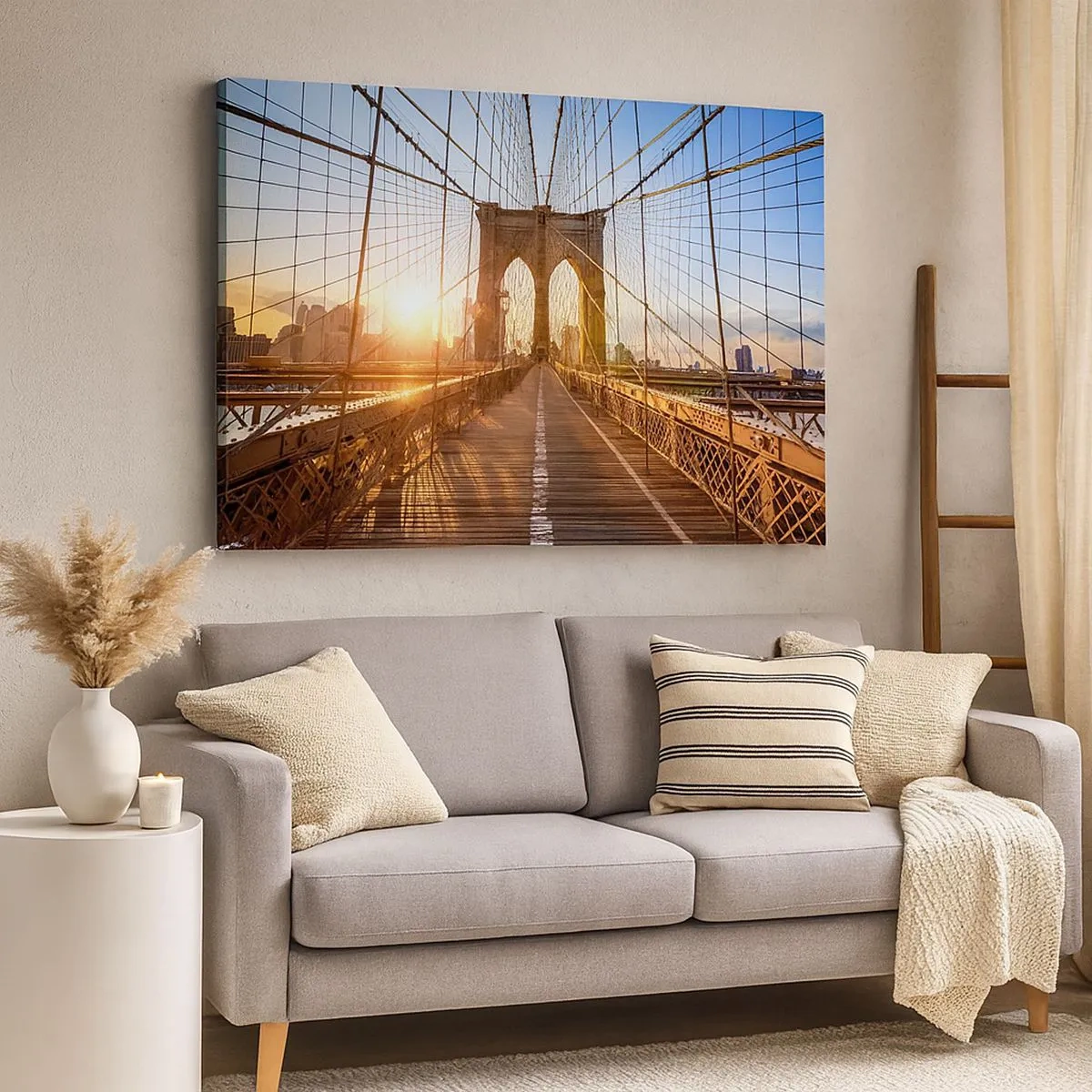 Bild auf Leinwand - Leinwandbild - Die Brücke im Licht der untergehenden Sonne mit Blick auf die Stadt - 70x50cm - Auf der goldenen Brücke - Moderne Wanddekoration für Wohnzimmer und Schlafzimmer ARTTOR