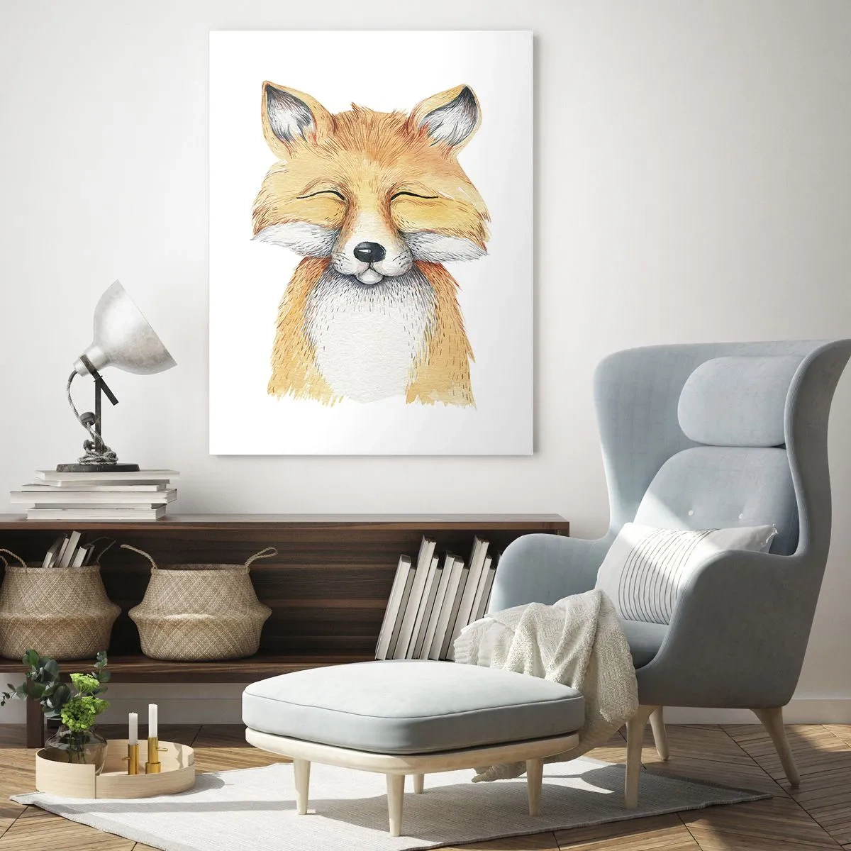 Glasbild - Bild auf glas - Ein süßer Fuchs mit geschlossenen Augen auf weißem Hintergrund - 50x70cm - Fuchsstimmungen - Moderne Wanddekoration für Wohnzimmer und Schlafzimmer ARTTOR