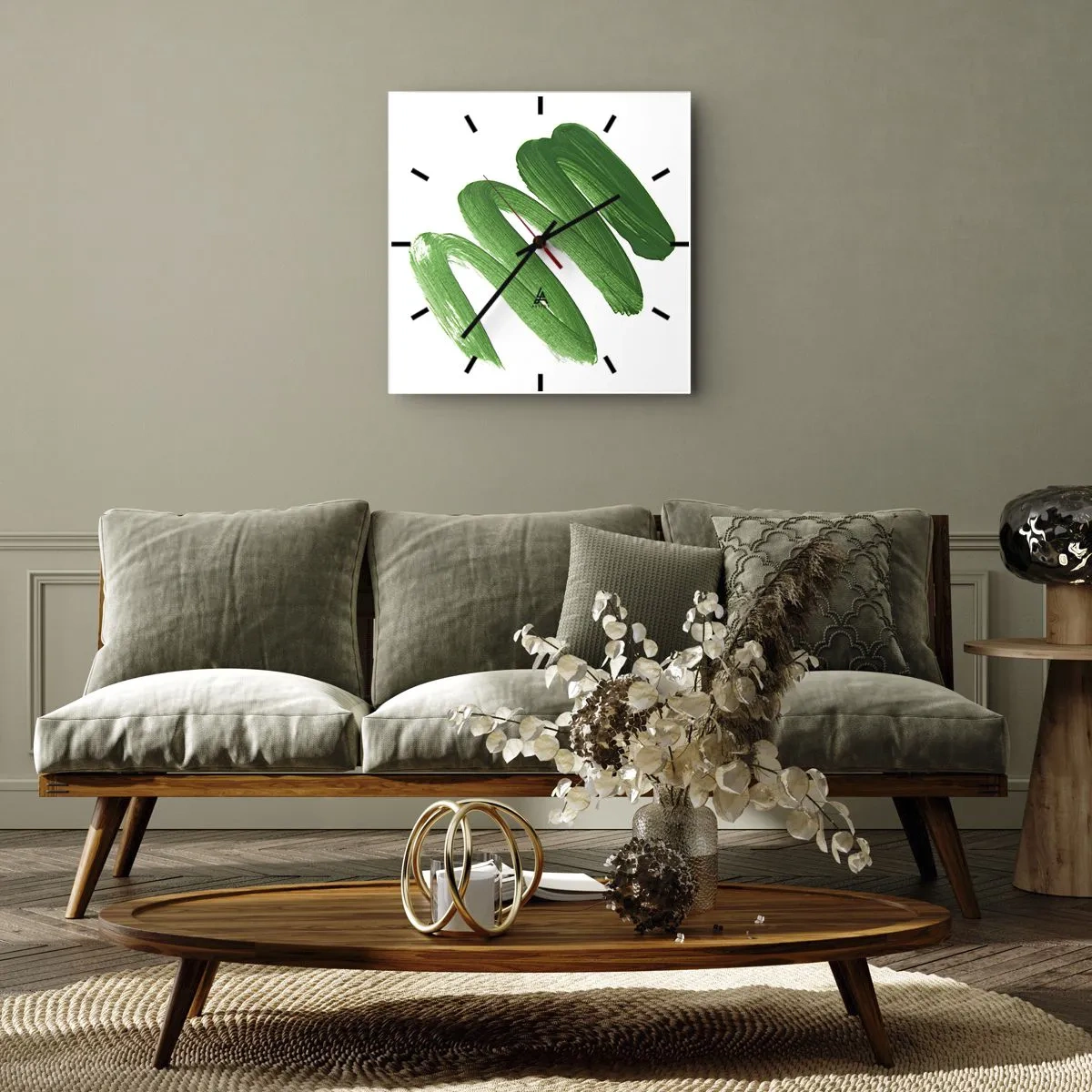 Wanduhr - Glasuhr - Grüner abstrakter Pinselstrich auf weißem Hintergrund - 30x30cm - Grüner Witz - Moderne Wanddekoration für Wohnzimmer und Schlafzimmer ARTTOR