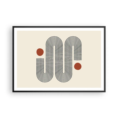 Poster in einem schwarzem Rahmen - Geometrisches Muster mit Linien und orangefarbenen Kreisen - 100x70cm - Vom Anfang bis zum Ende - Moderne Wanddekoration für Wohnzimmer und Schlafzimmer ARTTOR