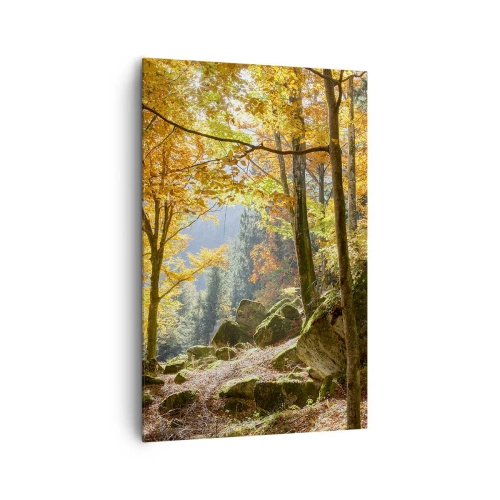 Bild auf Leinwand - Leinwandbild - Ein Herbstwald voller goldener Blätter und Sonnenlicht - 80x120cm - Zeit zum Entspannen - Moderne Wanddekoration für Wohnzimmer und Schlafzimmer ARTTOR