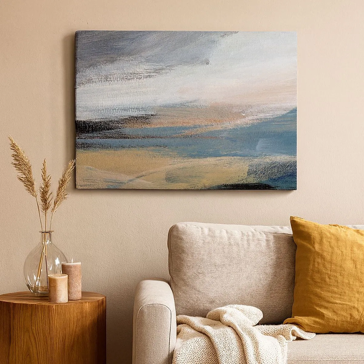 Bild auf Leinwand - Leinwandbild - Abstrakte Landschaft in gedämpften Blau- und Beigetönen - 70x50cm - Abstraktion: nördliche Landschaft - Moderne Wanddekoration für Wohnzimmer und Schlafzimmer ARTTOR