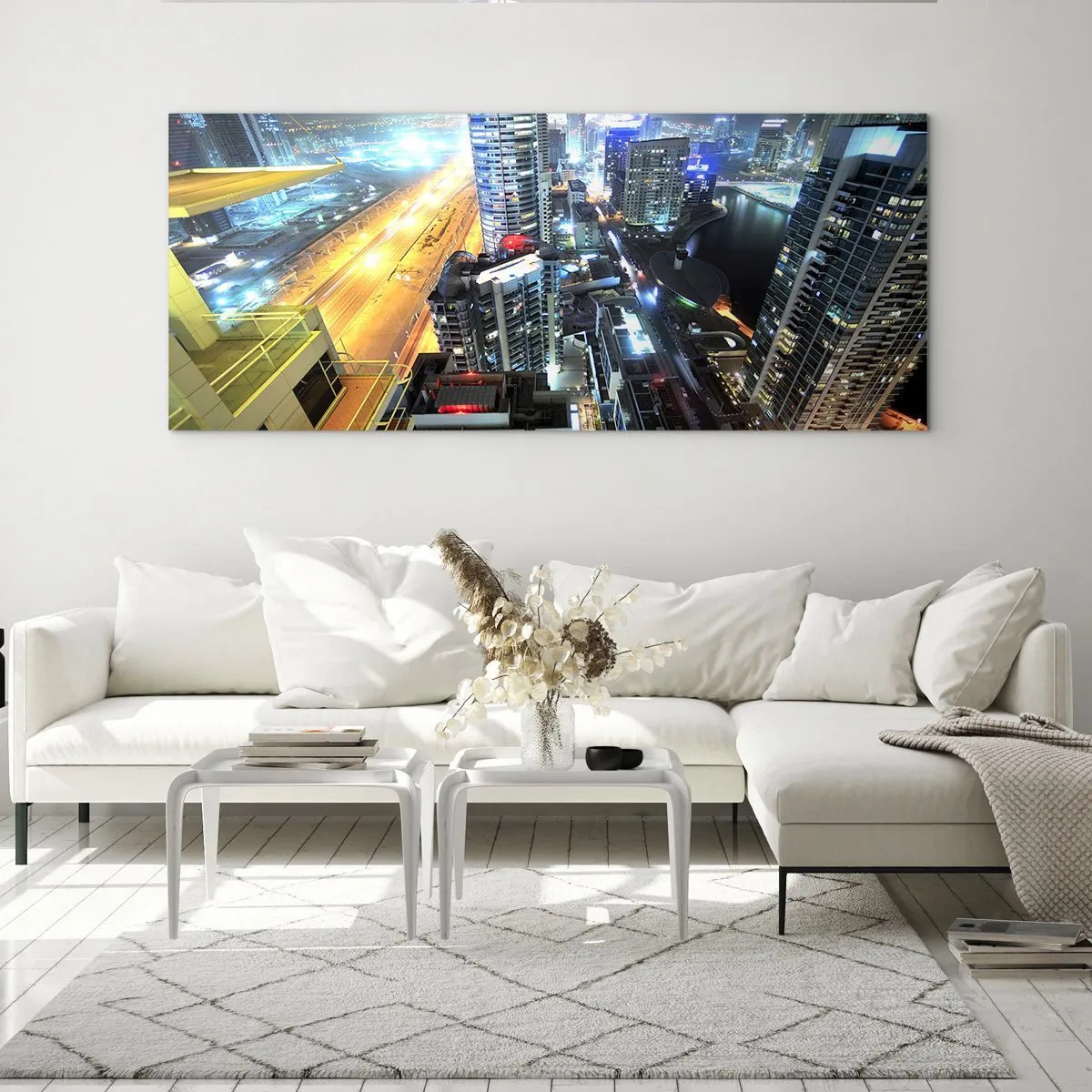 Glasbild - Bild auf glas - Panorama der nächtlichen Stadt mit beleuchteten Wolkenkratzern - 160x50cm - Ein Wunder in der Wüste - Moderne Wanddekoration für Wohnzimmer und Schlafzimmer ARTTOR